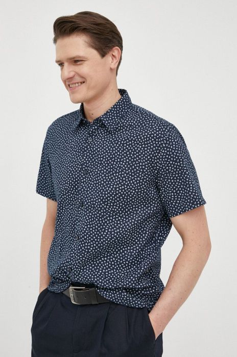 Сорочка з льону BOSS колір синій regular класичний комір