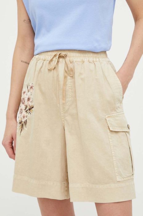 Шорти з домішкою льону Twinset колір бежевий з аплікацією висока посадка