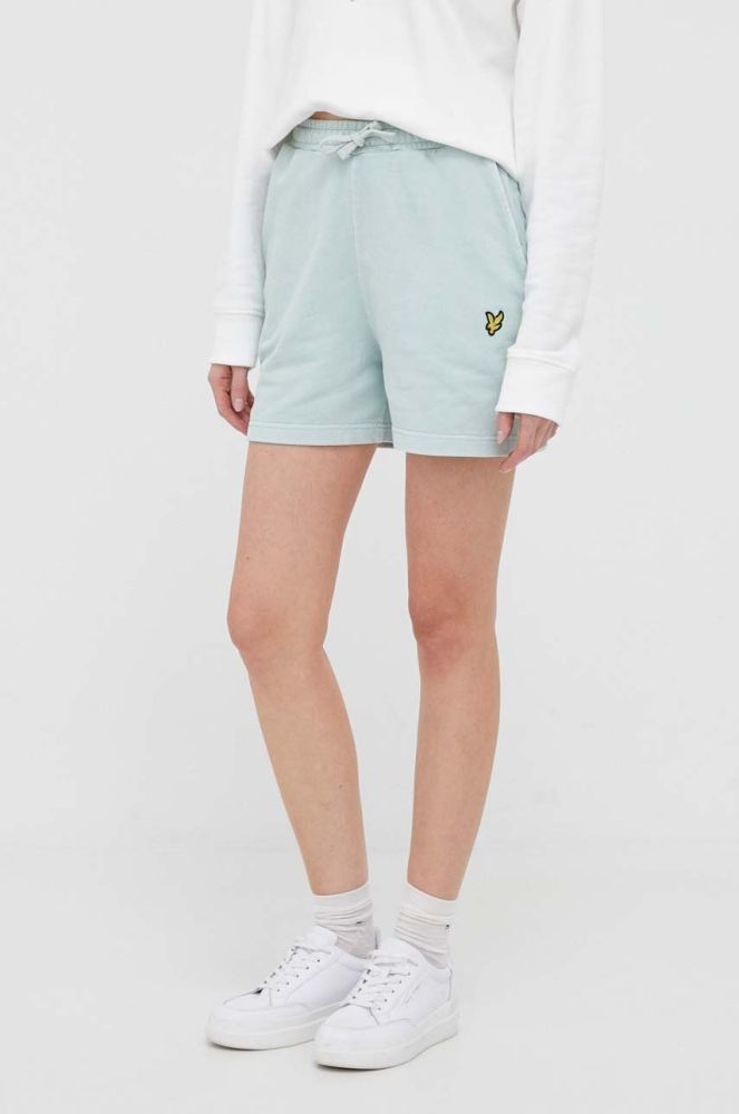 Бавовняні шорти Lyle & Scott колір бірюзовий однотонні висока посадка