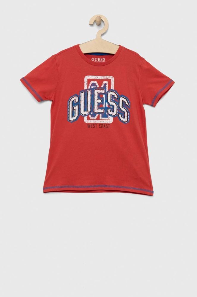 Дитяча бавовняна футболка Guess колір червоний з принтом (2898241)