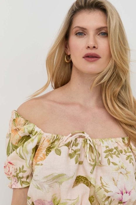 Льняна блузка Guess жіноча колір жовтий візерунок