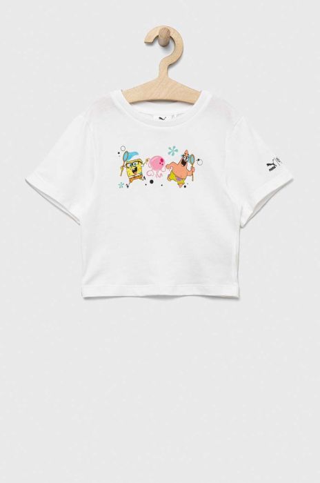 Дитяча бавовняна футболка Puma PUMA x SPONGEBOB Girls Tee колір білий