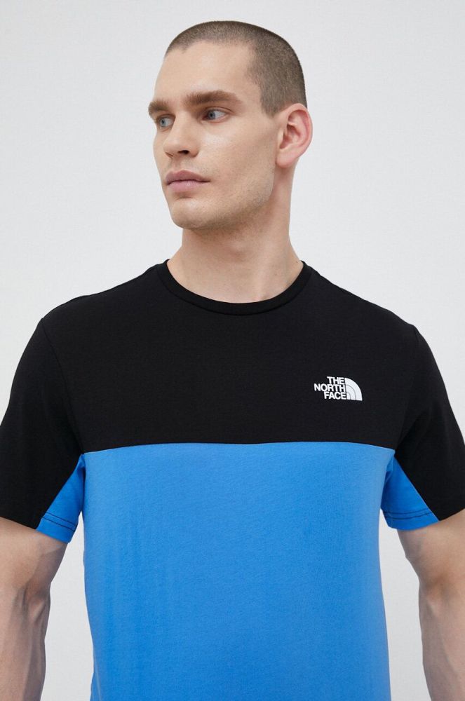 Бавовняна футболка The North Face візерунок колір блакитний