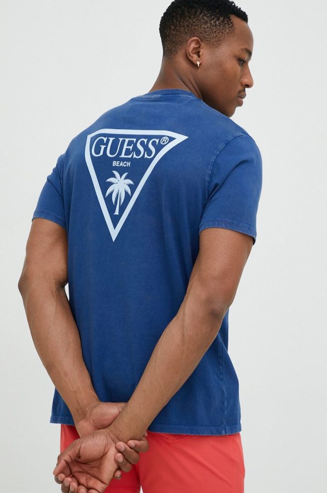 Бавовняна футболка Guess колір синій з принтом (2967237)