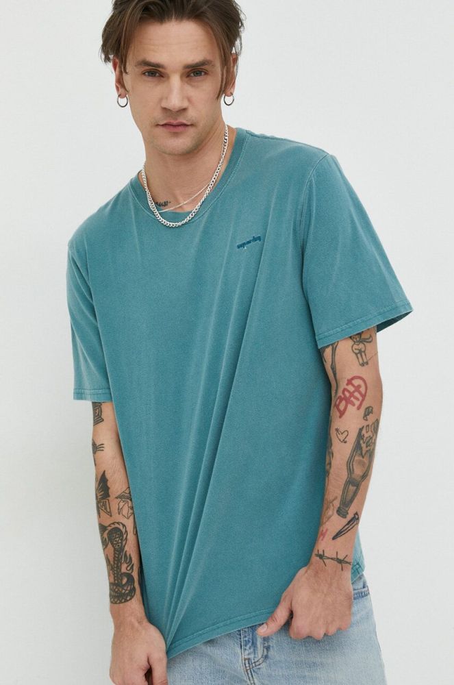 Бавовняна футболка Superdry колір бірюзовий однотонний