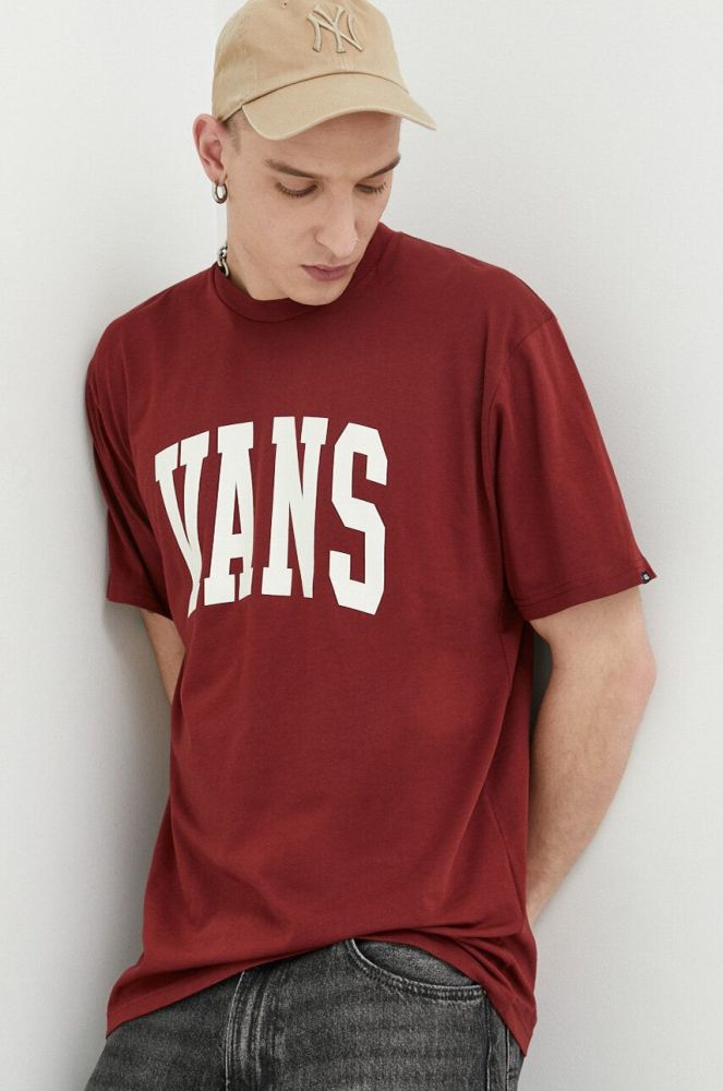 Бавовняна футболка Vans колір бордовий з принтом
