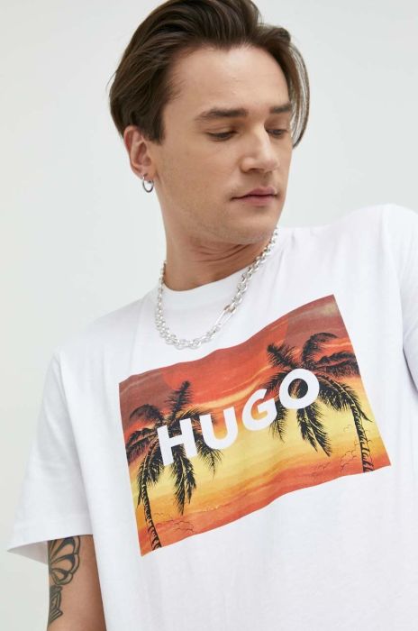 Бавовняна футболка HUGO колір білий з принтом (3096409)