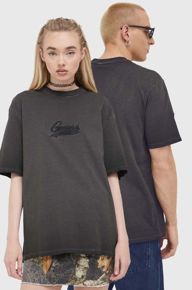 Бавовняна футболка Guess Originals колір коричневий з аплікацією